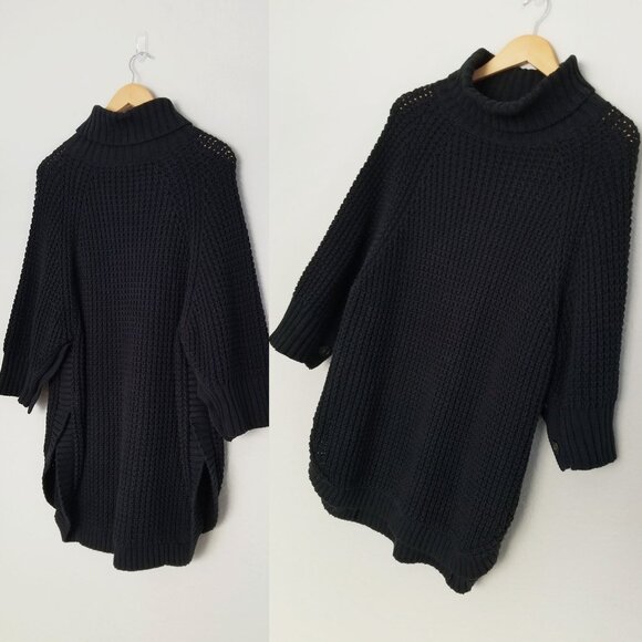 J.CREW Turtleneck Cotton Poncho M/L $155 Black Button 3/4 Sleeve Chunky Longline - Picture 7 of 16